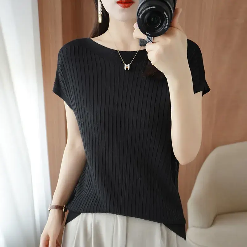 Women Curved Bead Ice Silk Knit T-Shirt 2025 Summer - Image 7