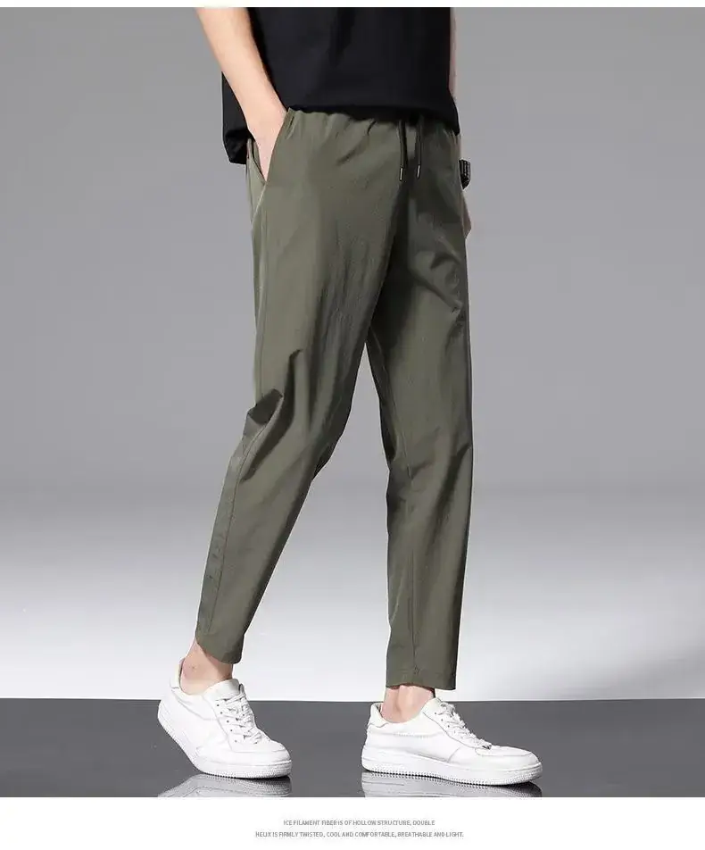 Men's Thin Silk Casual Pants Olive Green 2 Pcs - Image 4