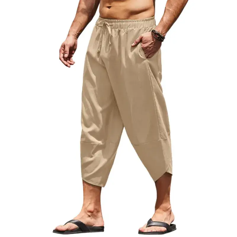 New Men's Black Cotton Linen Cropped Pants Drawstring Waist - Image 5