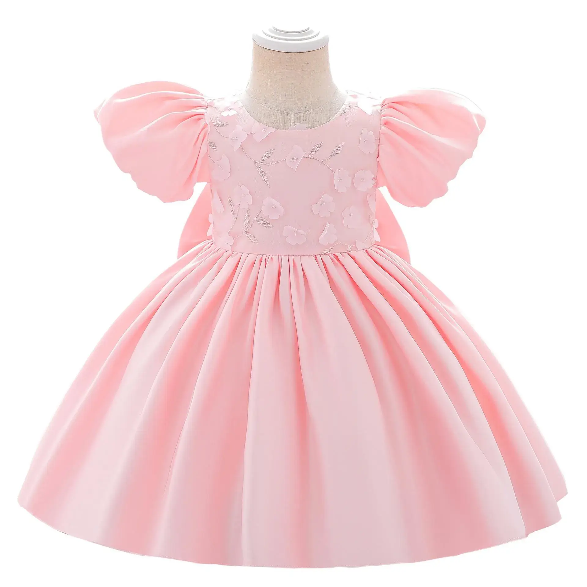 Pink Puff Sleeve Girls Birthday Banquet Dress - Image 3