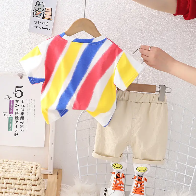 Children Striped Cotton T-Shirt & Shorts Set Pink Yellow Blue - Image 6
