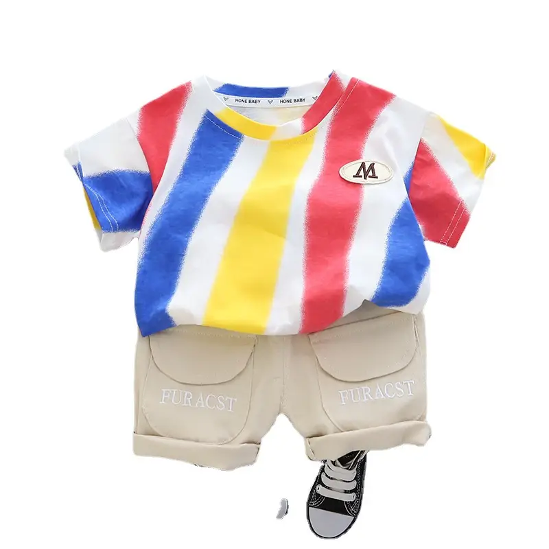 Children Striped Cotton T-Shirt & Shorts Set Pink Yellow Blue - Image 7