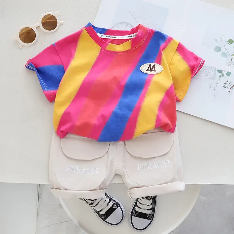 Children Striped Cotton T-Shirt & Shorts Set Pink Yellow Blue — feature 1