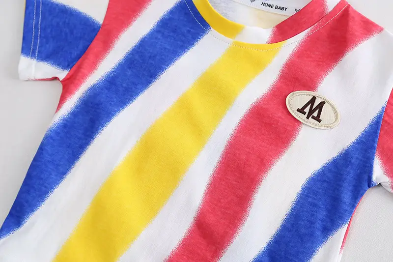 Children Striped Cotton T-Shirt & Shorts Set Pink Yellow Blue — feature 10