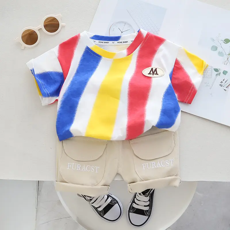 Children Striped Cotton T-Shirt & Shorts Set Pink Yellow Blue — feature 2