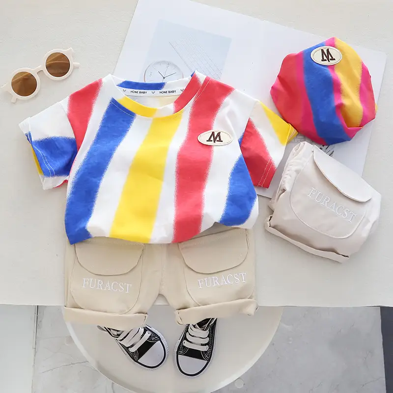 Children Striped Cotton T-Shirt & Shorts Set Pink Yellow Blue — feature 3
