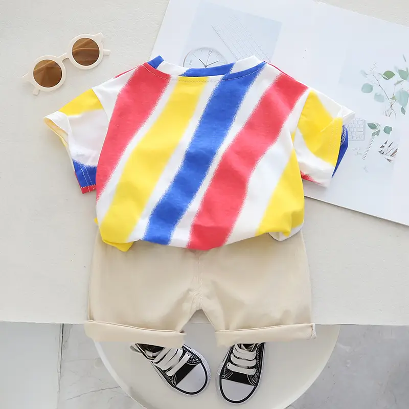 Children Striped Cotton T-Shirt & Shorts Set Pink Yellow Blue — feature 4