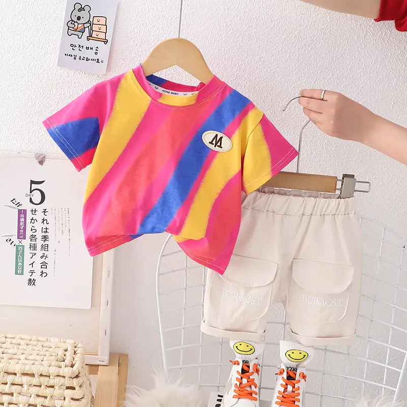Children Striped Cotton T-Shirt & Shorts Set Pink Yellow Blue — feature 5