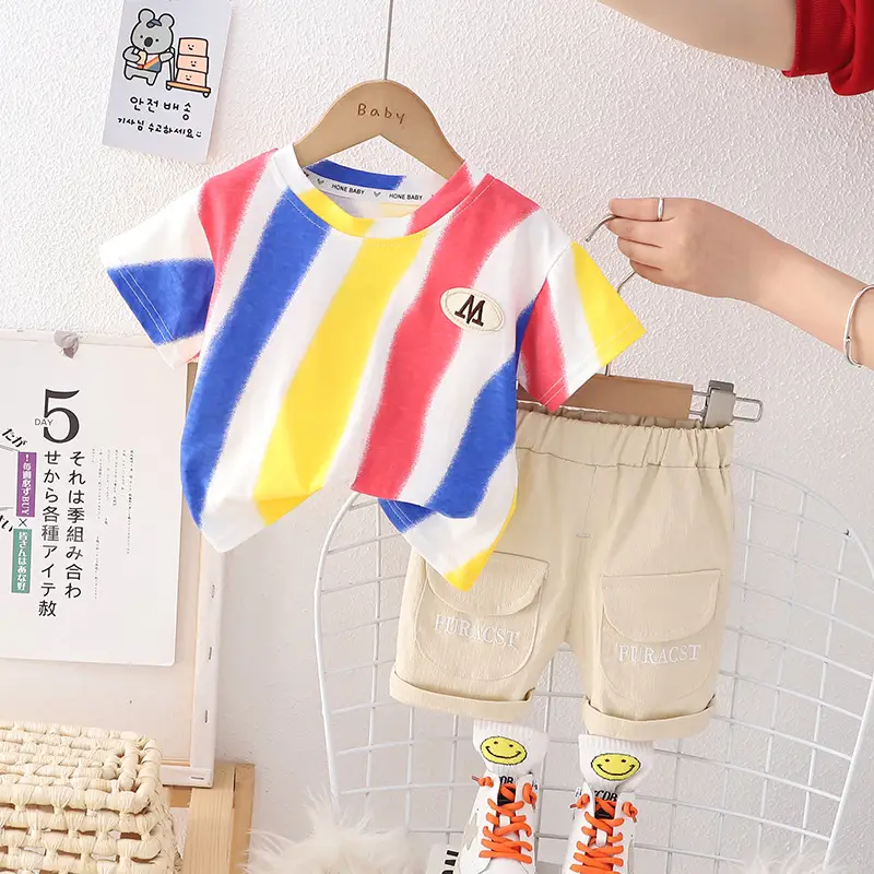 Children Striped Cotton T-Shirt & Shorts Set Pink Yellow Blue — feature 6