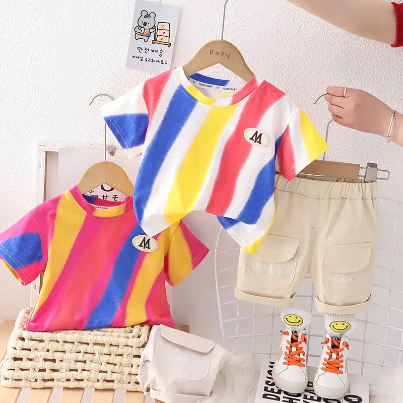 Children Striped Cotton T-Shirt & Shorts Set Pink Yellow Blue — feature 7