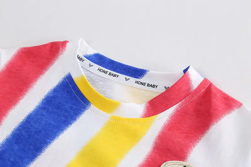 Children Striped Cotton T-Shirt & Shorts Set Pink Yellow Blue — feature 9