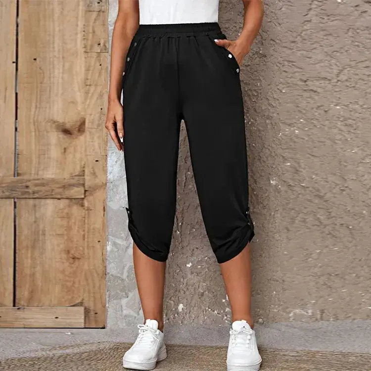 Women Maroon Cropped Elastic Pants 2023 Summer - Image 8