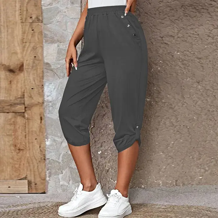 Women Maroon Cropped Elastic Pants 2023 Summer - Image 2