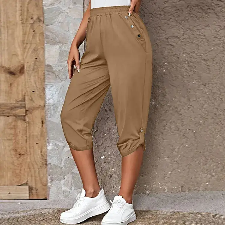 Women Maroon Cropped Elastic Pants 2023 Summer - Image 3
