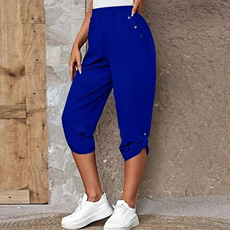 Women Maroon Cropped Elastic Pants 2023 Summer - Image 4