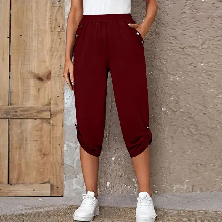 Women Maroon Cropped Elastic Pants 2023 Summer - Image 5
