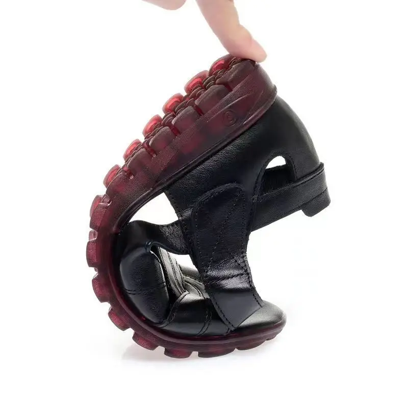 Soft Leather Middle-aged and Elderly Sandals Women's Summer All-match New Flat Non-slip Velcro Mom Shoes Flat Heel Grandma Women's Shoes - Image 4