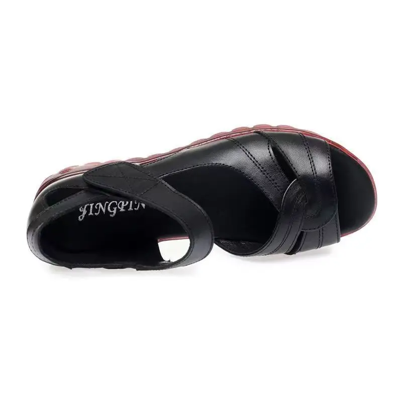 Soft Leather Middle-aged and Elderly Sandals Women's Summer All-match New Flat Non-slip Velcro Mom Shoes Flat Heel Grandma Women's Shoes - Image 5