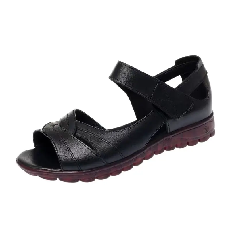 Soft Leather Middle-aged and Elderly Sandals Women's Summer All-match New Flat Non-slip Velcro Mom Shoes Flat Heel Grandma Women's Shoes - Image 6