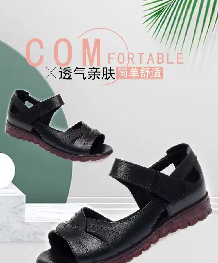Soft Leather Middle-aged and Elderly Sandals Women's Summer All-match New Flat Non-slip Velcro Mom Shoes Flat Heel Grandma Women's Shoes — feature 11