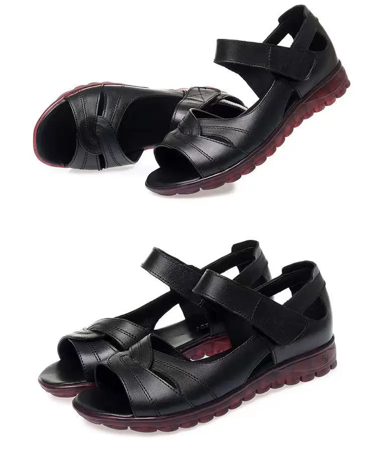 Soft Leather Middle-aged and Elderly Sandals Women's Summer All-match New Flat Non-slip Velcro Mom Shoes Flat Heel Grandma Women's Shoes — feature 13