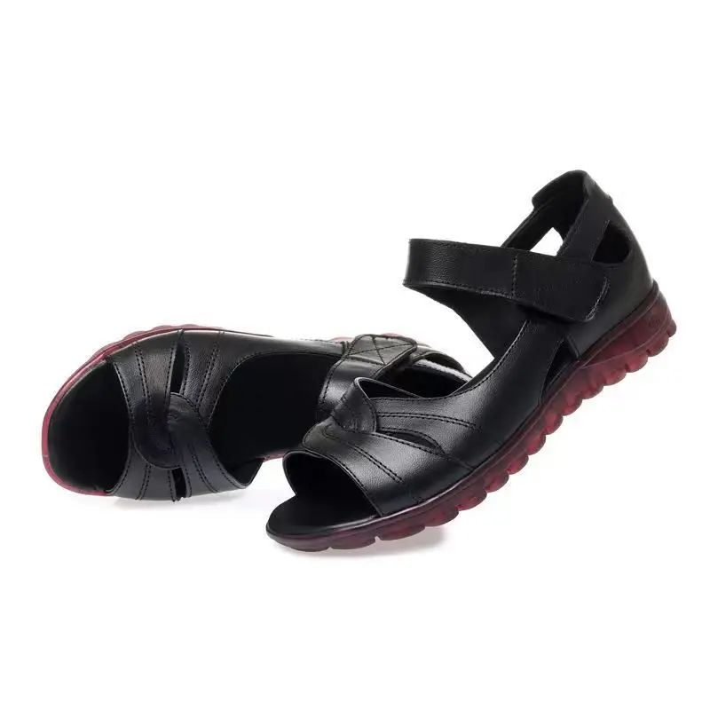 Soft Leather Middle-aged and Elderly Sandals Women's Summer All-match New Flat Non-slip Velcro Mom Shoes Flat Heel Grandma Women's Shoes — feature 14