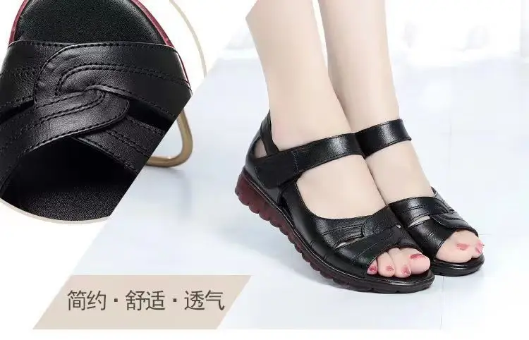 Soft Leather Middle-aged and Elderly Sandals Women's Summer All-match New Flat Non-slip Velcro Mom Shoes Flat Heel Grandma Women's Shoes — feature 2