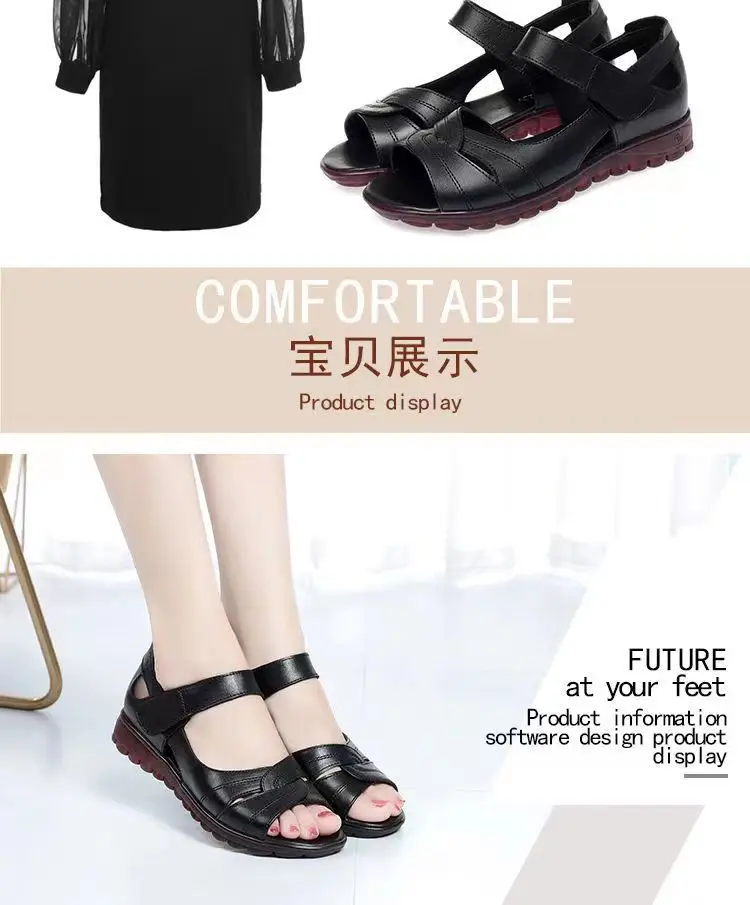 Soft Leather Middle-aged and Elderly Sandals Women's Summer All-match New Flat Non-slip Velcro Mom Shoes Flat Heel Grandma Women's Shoes — feature 9