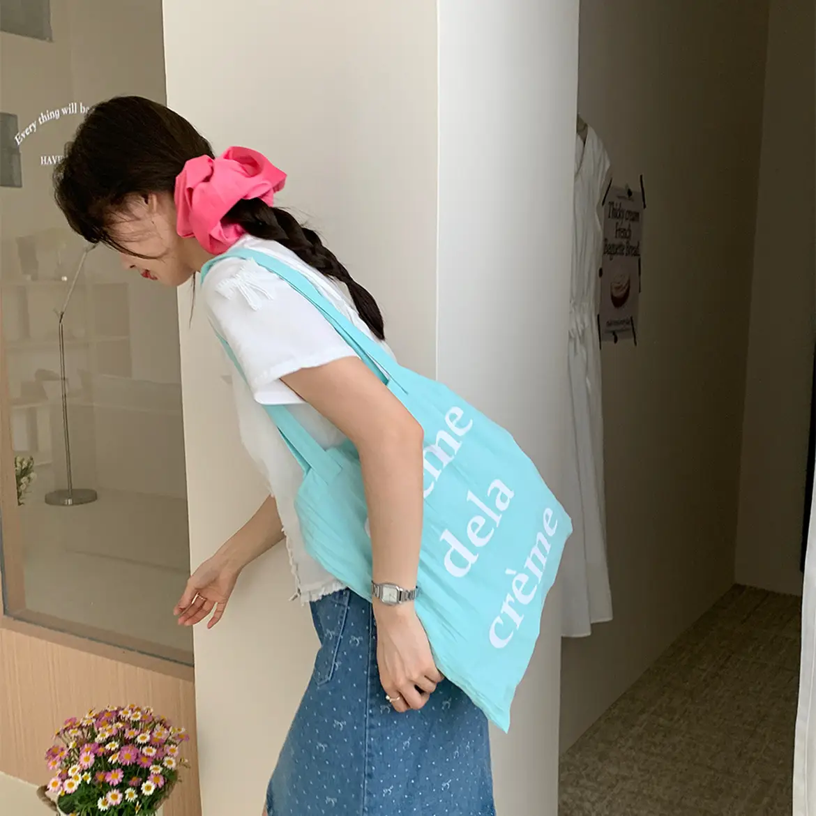 Light Blue Canvas Shoulder Bag for Women - Image 9