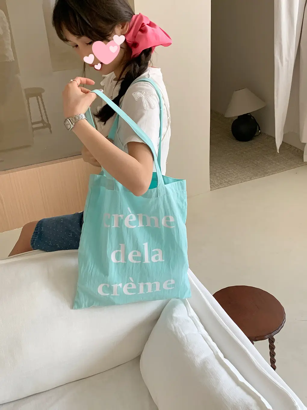 Light Blue Canvas Shoulder Bag for Women - Image 5