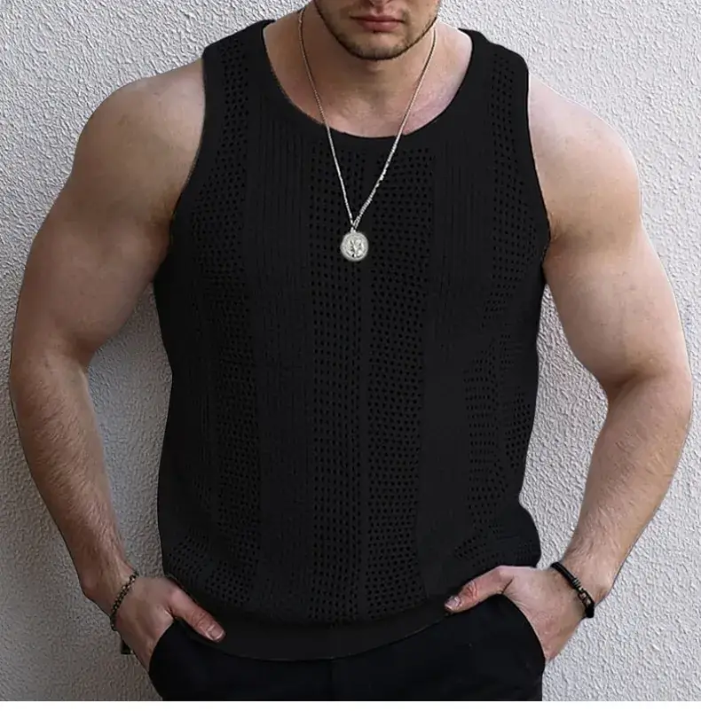 Men's Black Knit Sleeveless Vest Slim Fit — feature 9
