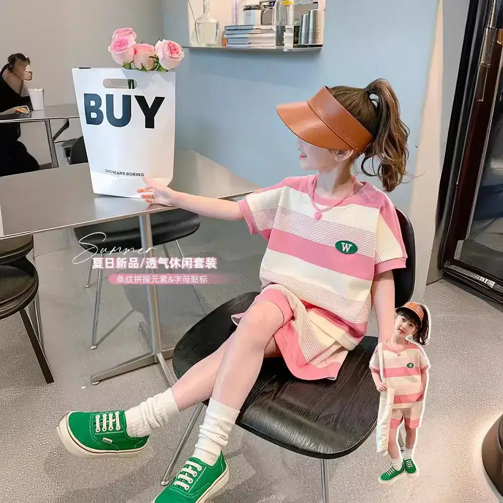 Girls Striped Two-Piece Summer Suit Pink White - Image 2