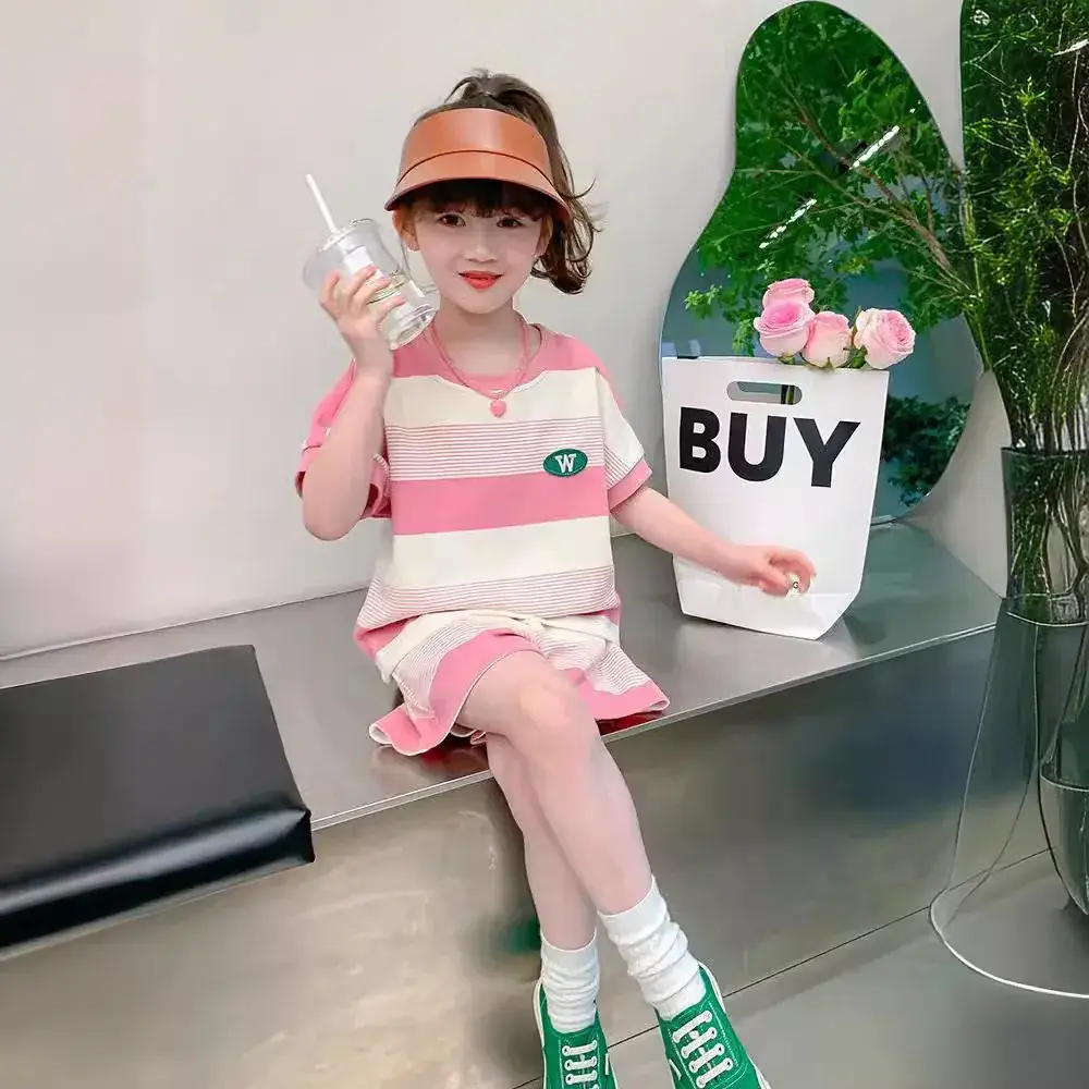 Girls Striped Two-Piece Summer Suit Pink White - Image 3