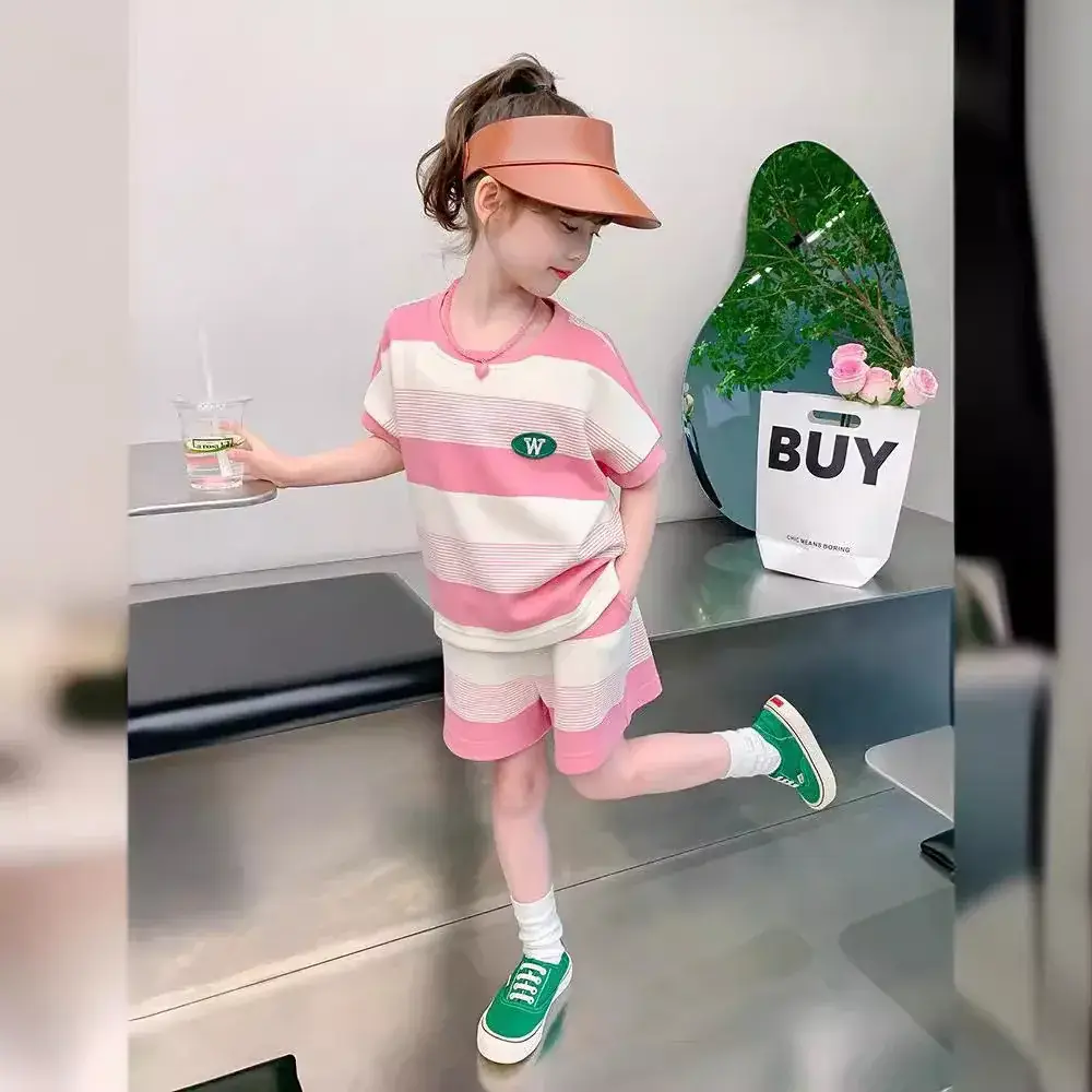Girls Striped Two-Piece Summer Suit Pink White - Image 4