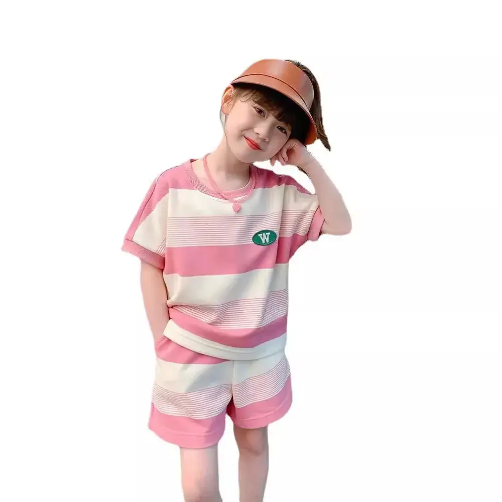 Girls Striped Two-Piece Summer Suit Pink White - Image 6