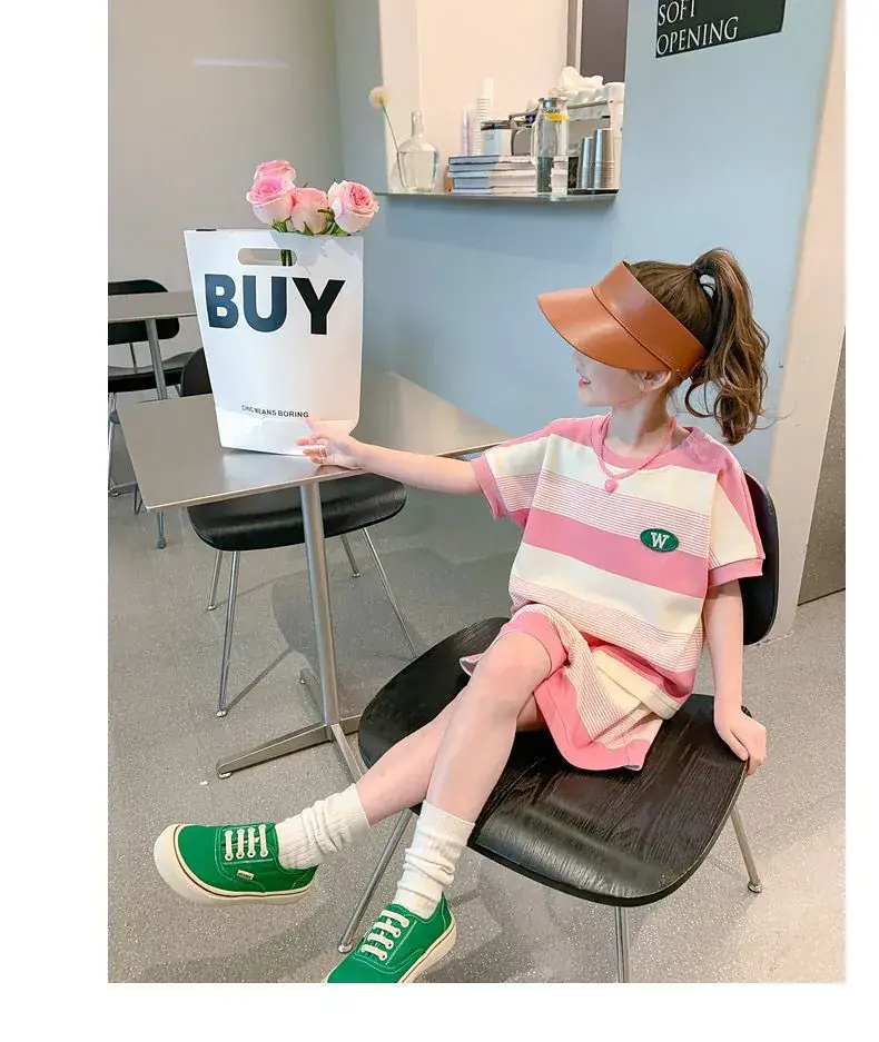 Girls Striped Two-Piece Summer Suit Pink White — feature 1