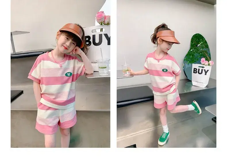 Girls Striped Two-Piece Summer Suit Pink White — feature 10