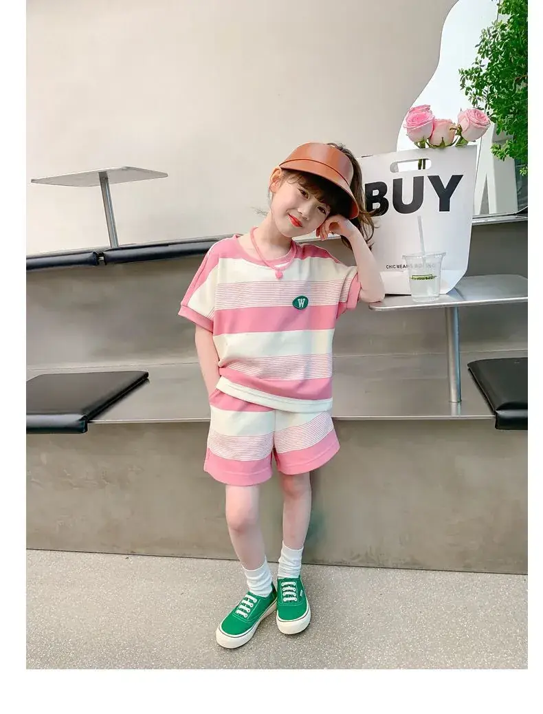 Girls Striped Two-Piece Summer Suit Pink White — feature 11