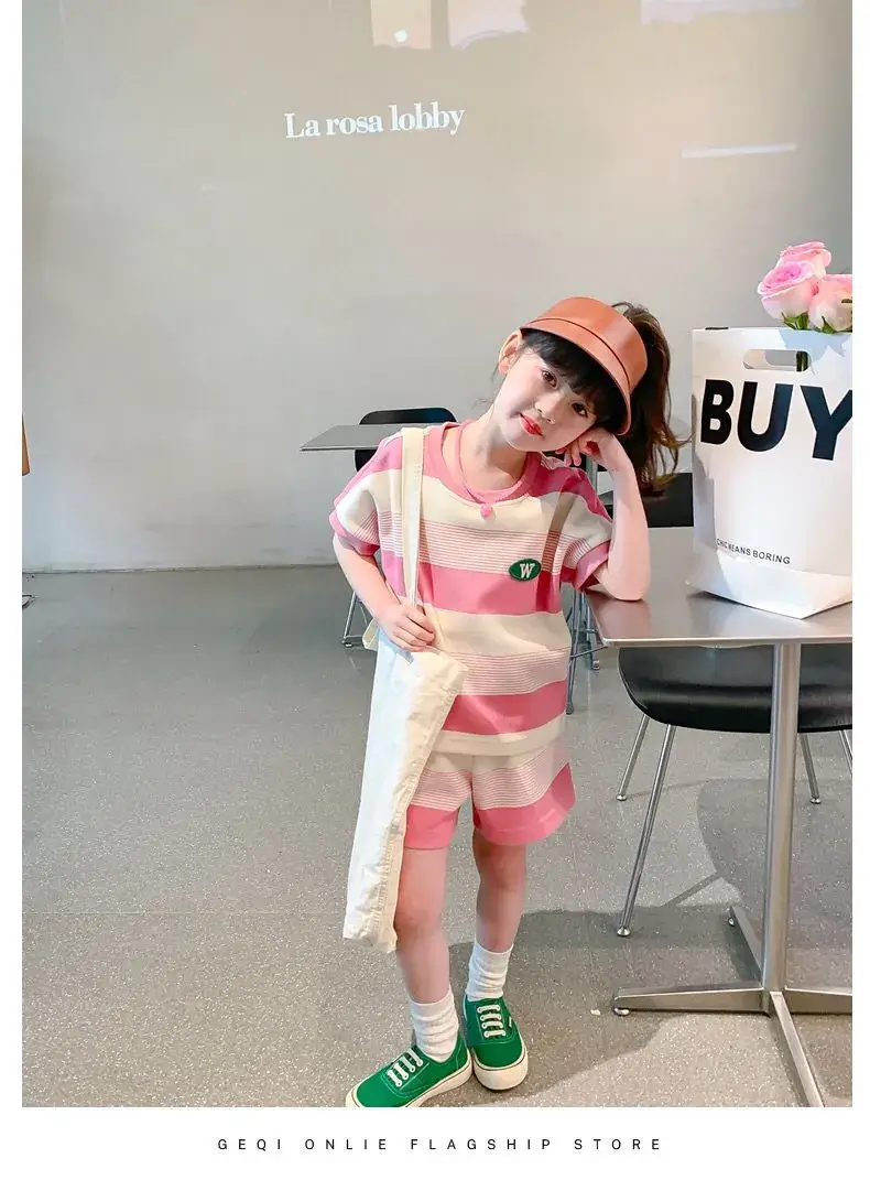 Girls Striped Two-Piece Summer Suit Pink White — feature 12
