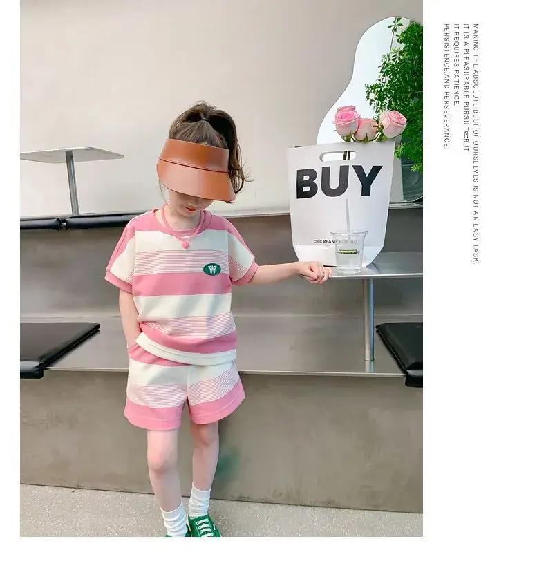 Girls Striped Two-Piece Summer Suit Pink White — feature 13