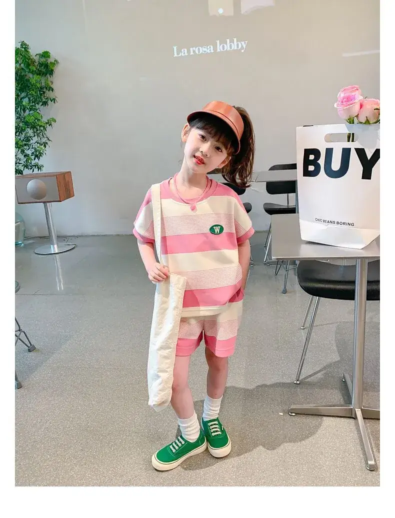 Girls Striped Two-Piece Summer Suit Pink White — feature 14