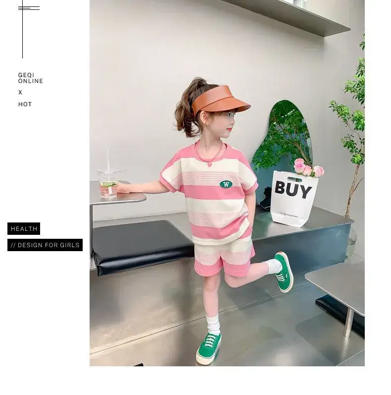 Girls Striped Two-Piece Summer Suit Pink White — feature 15
