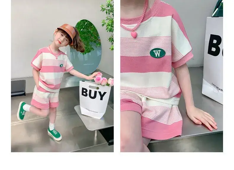 Girls Striped Two-Piece Summer Suit Pink White — feature 16