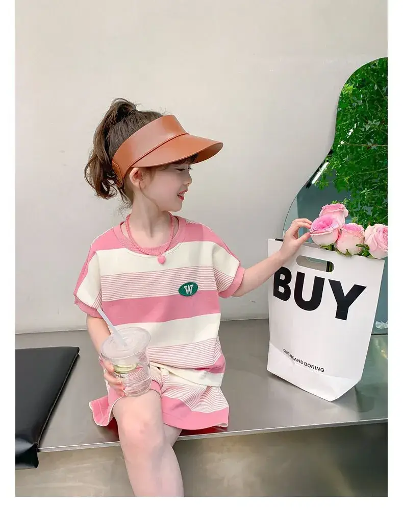 Girls Striped Two-Piece Summer Suit Pink White — feature 17