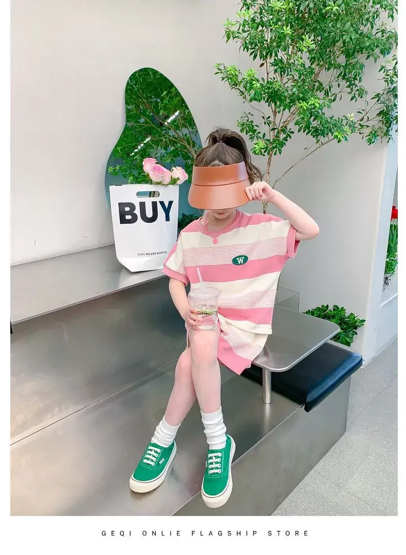Girls Striped Two-Piece Summer Suit Pink White — feature 18