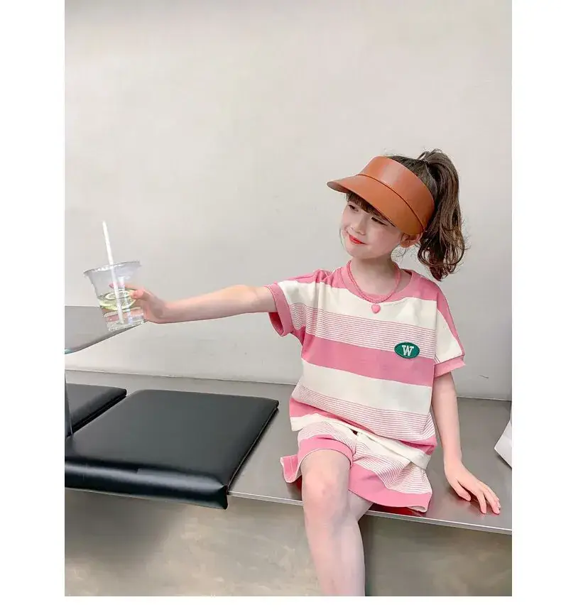 Girls Striped Two-Piece Summer Suit Pink White — feature 2