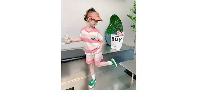Girls Striped Two-Piece Summer Suit Pink White — feature 4