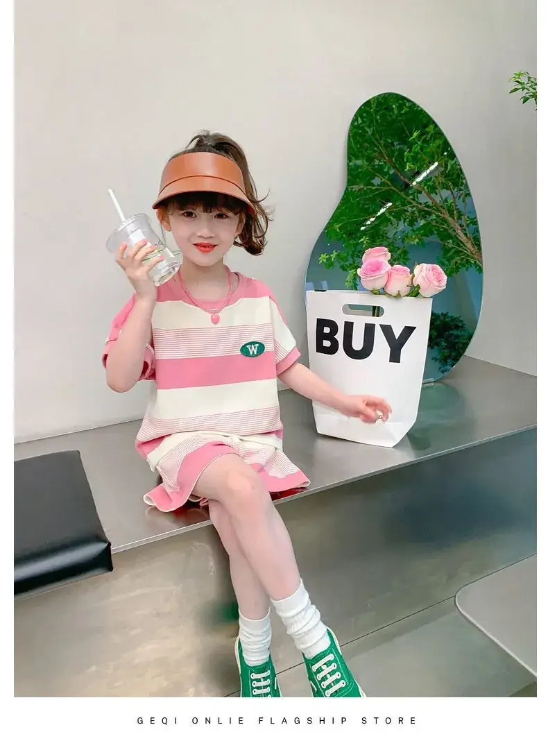 Girls Striped Two-Piece Summer Suit Pink White — feature 5