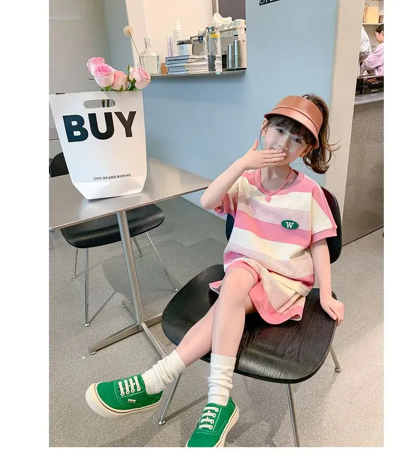 Girls Striped Two-Piece Summer Suit Pink White — feature 6
