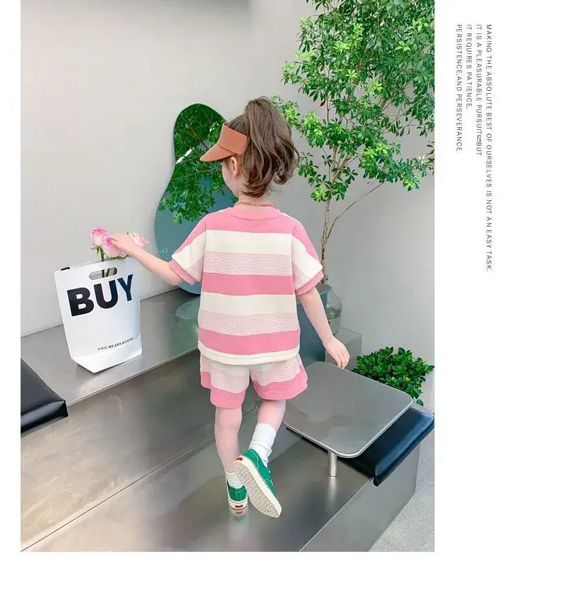 Girls Striped Two-Piece Summer Suit Pink White — feature 7